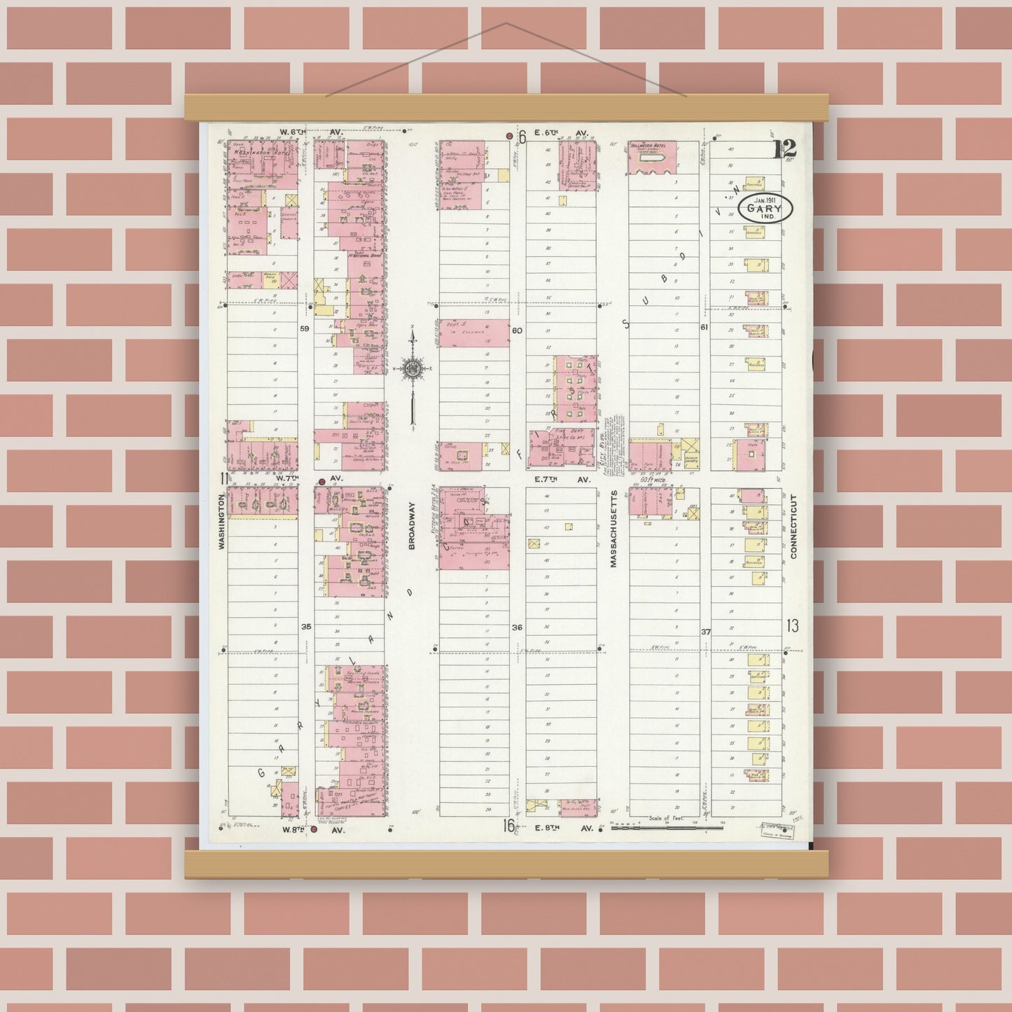 Old map wall art mockup — magnetic wood frame on brick wall — Sanborn Fire Insurance Map from Gary, Lake County, Indiana (1911), Sheet #0012
