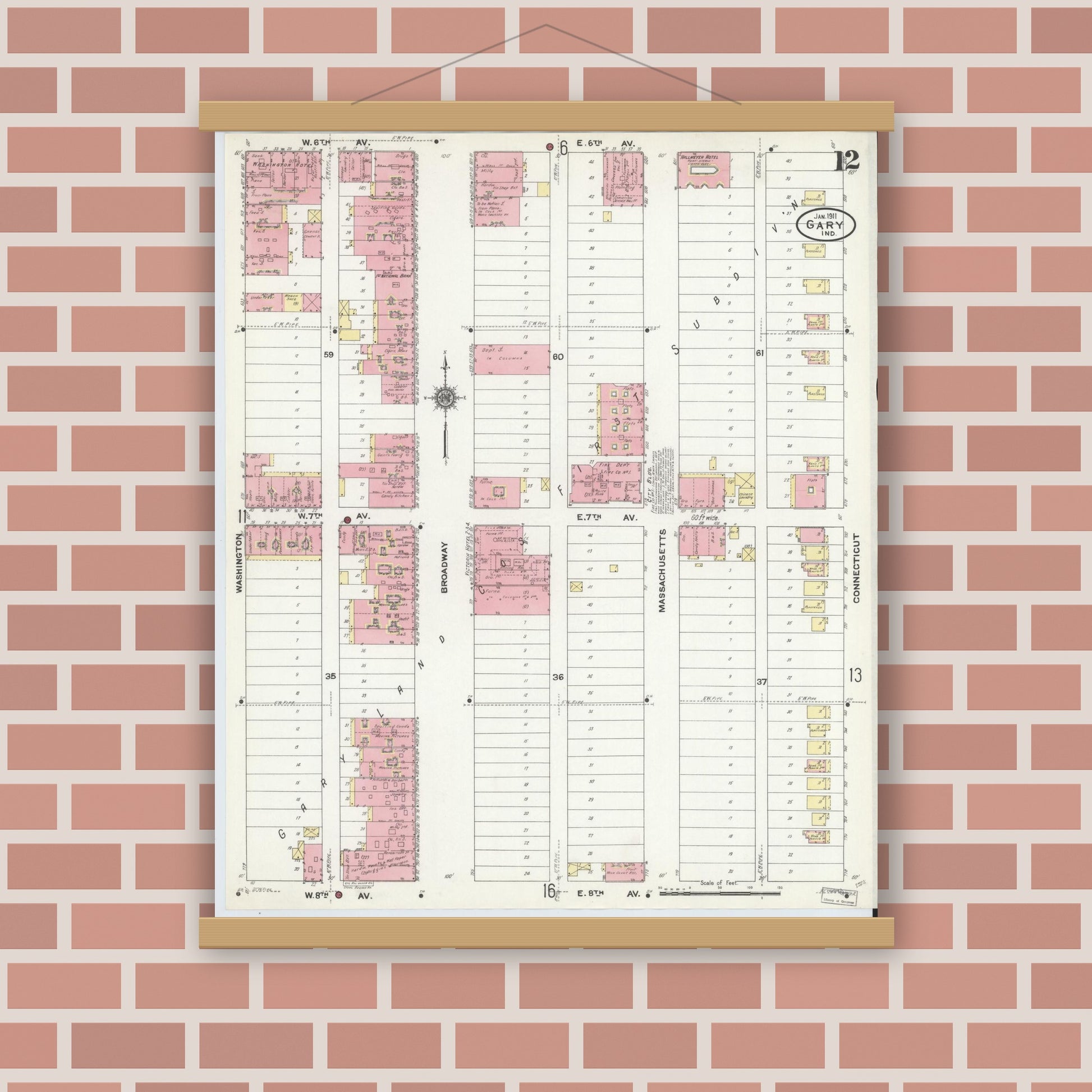 Old map wall art mockup — magnetic wood frame on brick wall — Sanborn Fire Insurance Map from Gary, Lake County, Indiana (1911), Sheet #0012
