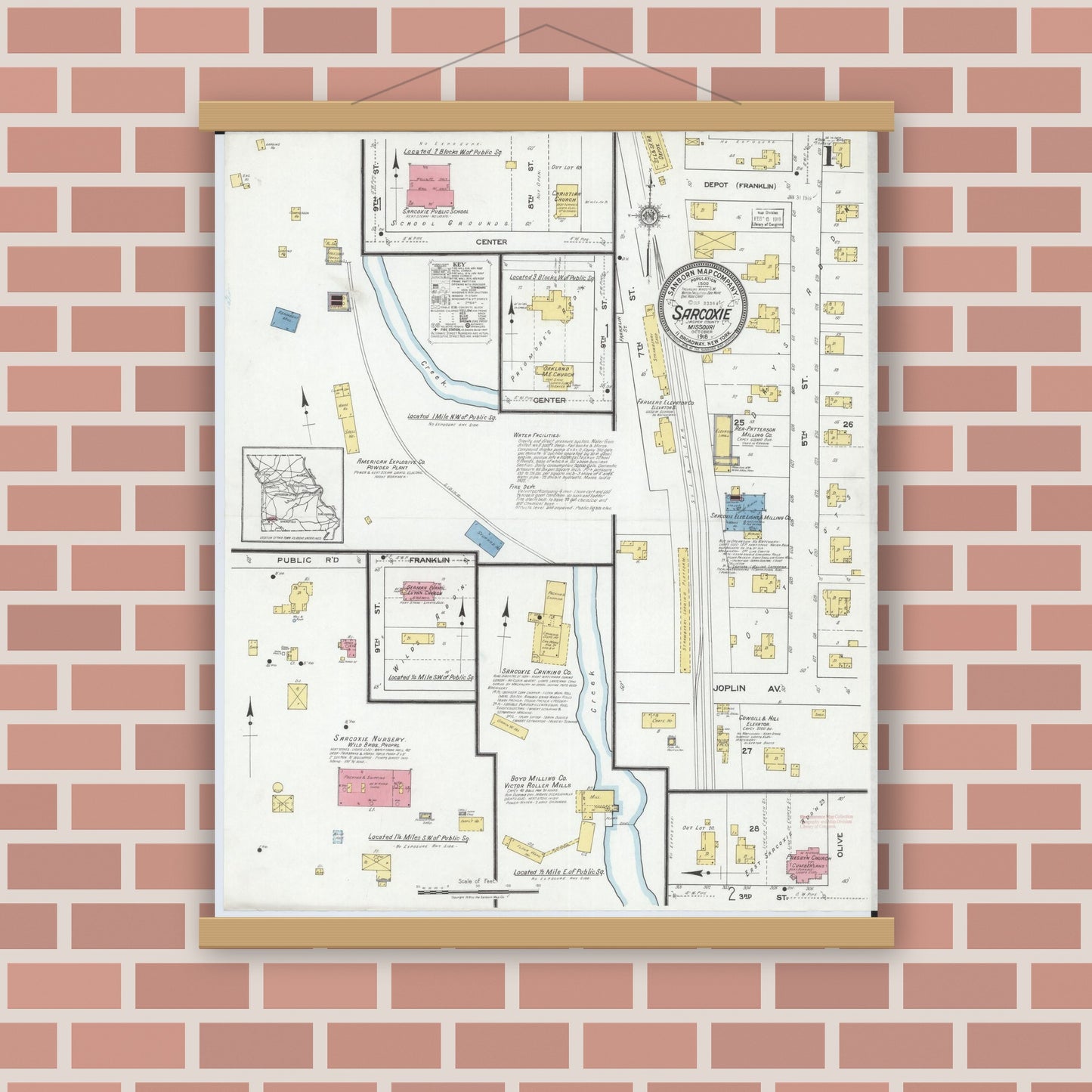Old map wall art mockup — magnetic wood frame on brick wall — Sanborn Fire Insurance Map from Sarcoxie, Jasper County, Missouri (1918), Sheet #0001