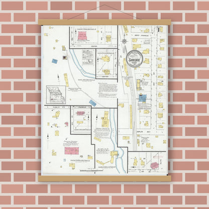 Old map wall art mockup — magnetic wood frame on brick wall — Sanborn Fire Insurance Map from Sarcoxie, Jasper County, Missouri (1918), Sheet #0001