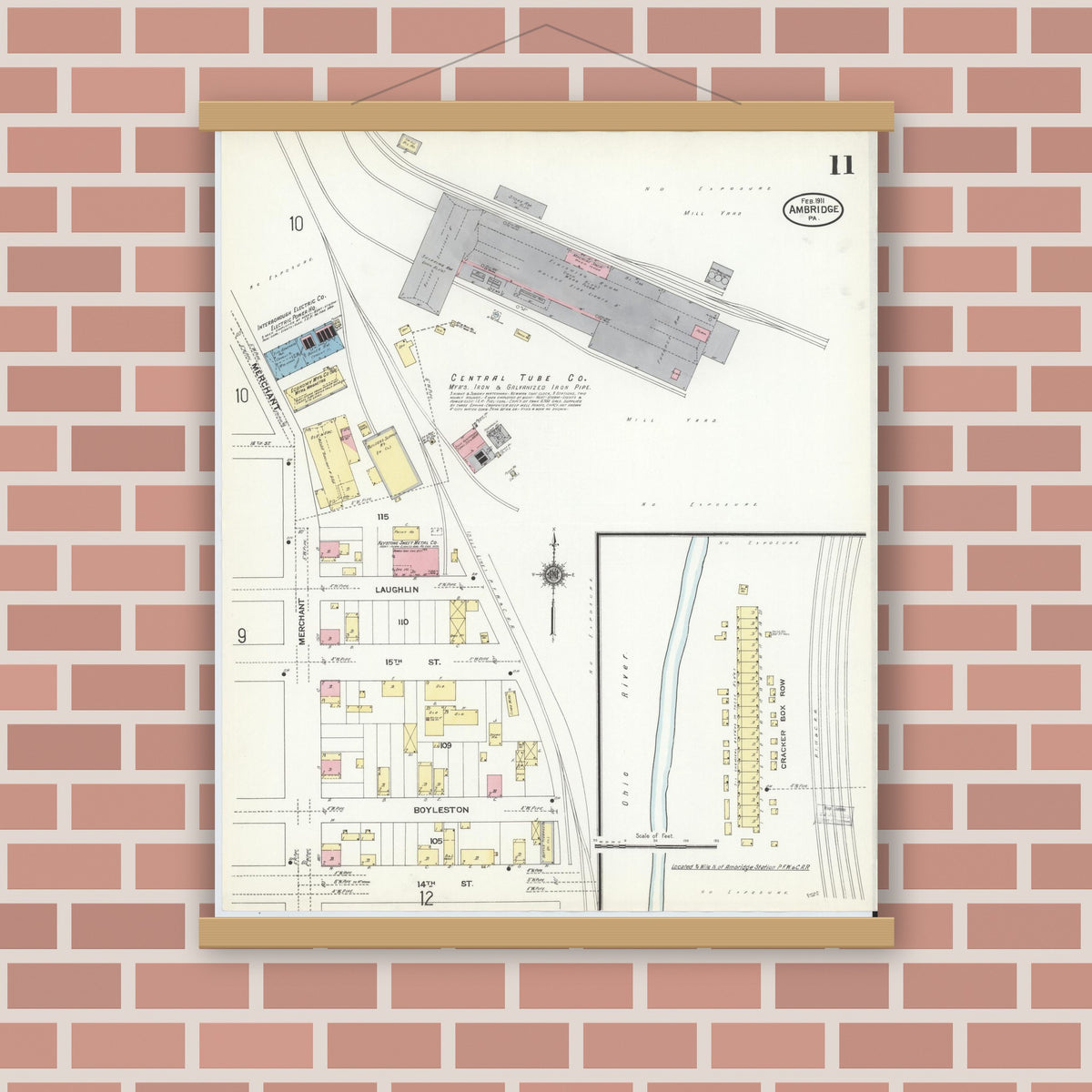 Old map wall art mockup — magnetic wood frame on brick wall — Sanborn Fire Insurance Map from Ambridge, Beaver County, Pennsylvania (1911), Sheet #0011