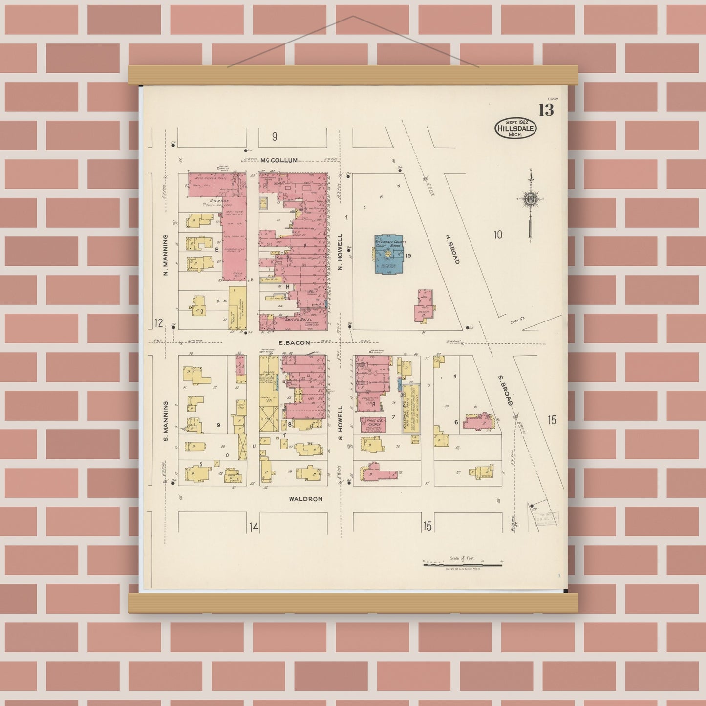 Old map wall art mockup — magnetic wood frame on brick wall — Sanborn Fire Insurance Map from Hillsdale, Hillsdale County, Michigan (1922), Sheet #0013