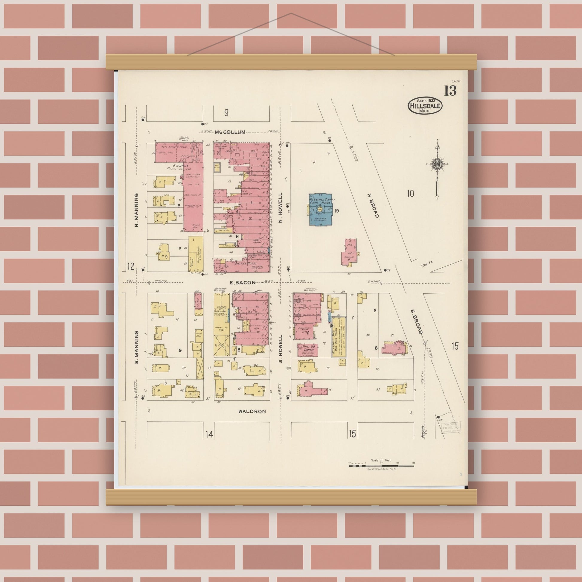 Old map wall art mockup — magnetic wood frame on brick wall — Sanborn Fire Insurance Map from Hillsdale, Hillsdale County, Michigan (1922), Sheet #0013