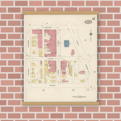 Old map wall art mockup — magnetic wood frame on brick wall — Sanborn Fire Insurance Map from Hillsdale, Hillsdale County, Michigan (1922), Sheet #0013
