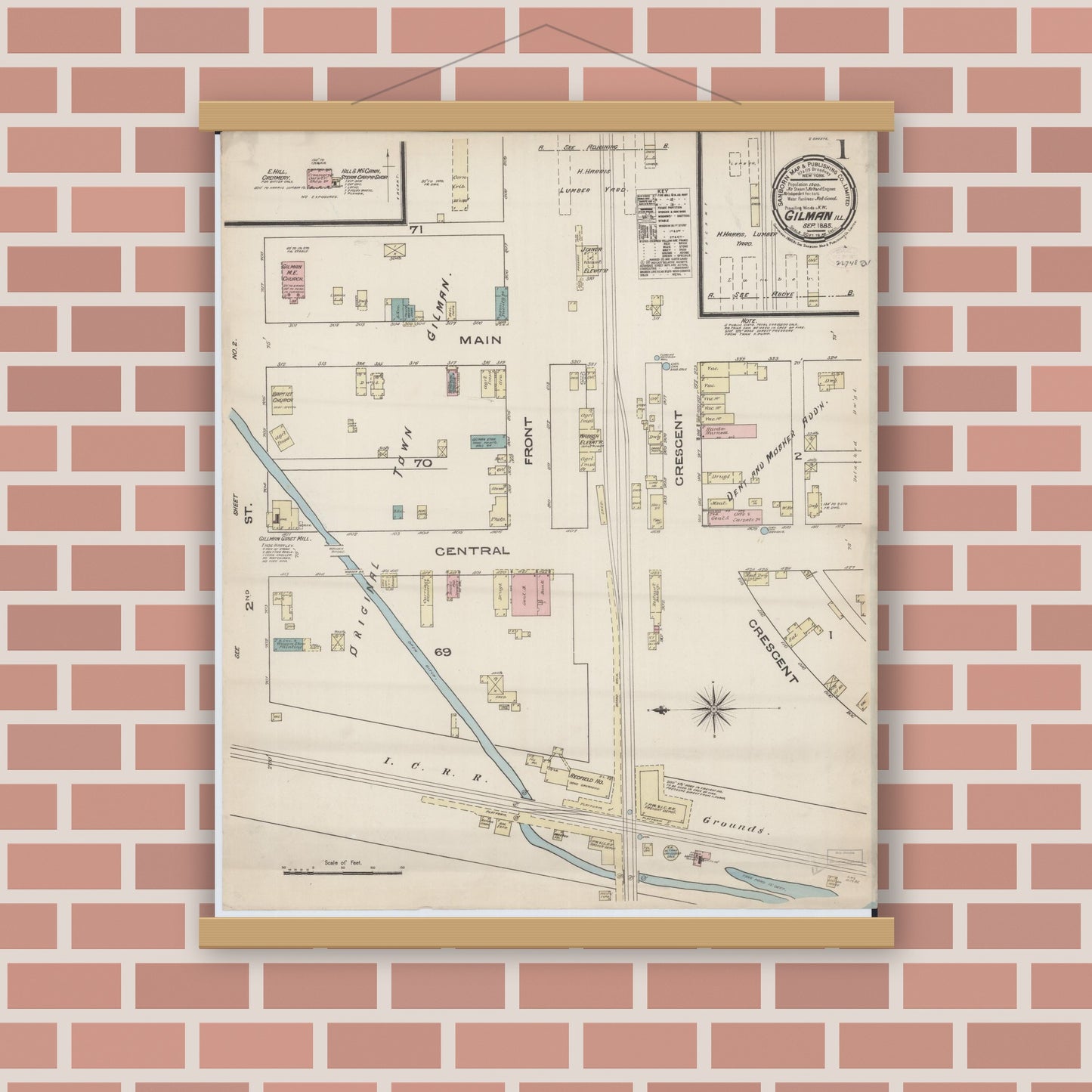 Old map wall art mockup — magnetic wood frame on brick wall — Sanborn Fire Insurance Map from Gilman, Iroquois County, Illinois (1885) - Complete Map Set