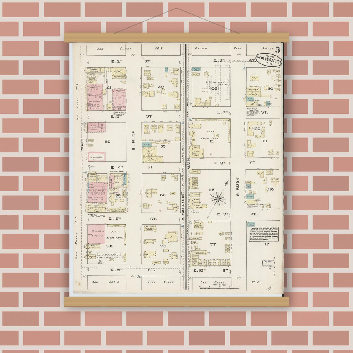 Old map wall art mockup — magnetic wood frame on brick wall — Sanborn Fire Insurance Map from Fort Worth, Tarrant County, Texas (1885), Sheet #0005