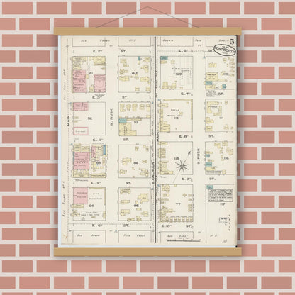 Old map wall art mockup — magnetic wood frame on brick wall — Sanborn Fire Insurance Map from Fort Worth, Tarrant County, Texas (1885), Sheet #0005
