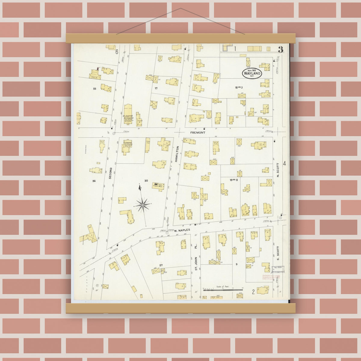 Old map wall art mockup — magnetic wood frame on brick wall — Sanborn Fire Insurance Map from Wayland, Steuben County, New York (1908), Sheet #0003