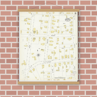 Old map wall art mockup — magnetic wood frame on brick wall — Sanborn Fire Insurance Map from Wayland, Steuben County, New York (1908), Sheet #0003