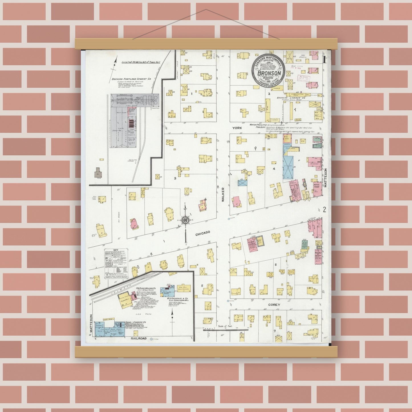 Old map wall art mockup — magnetic wood frame on brick wall — Sanborn Fire Insurance Map from Bronson, Branch  County, Michigan (1910), Sheet #0001