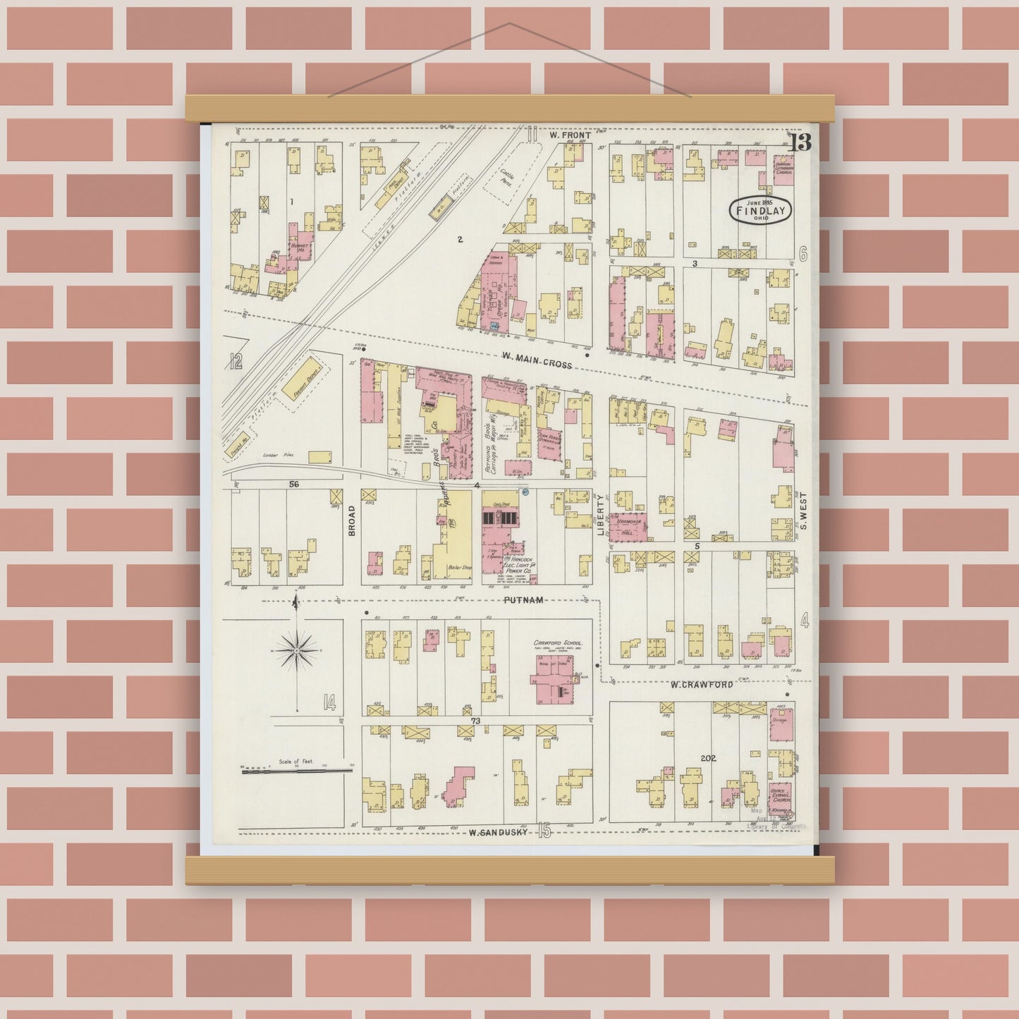 Old map wall art mockup — magnetic wood frame on brick wall — Sanborn Fire Insurance Map from Findlay, Hancock County, Ohio (1895), Sheet #0013