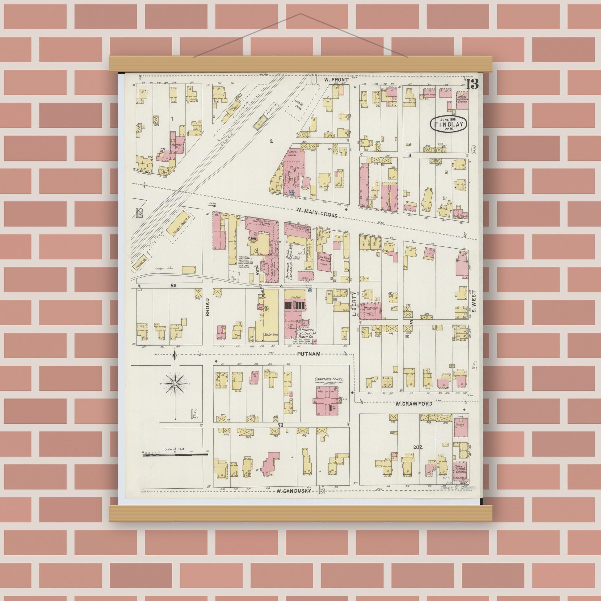 Old map wall art mockup — magnetic wood frame on brick wall — Sanborn Fire Insurance Map from Findlay, Hancock County, Ohio (1895), Sheet #0013