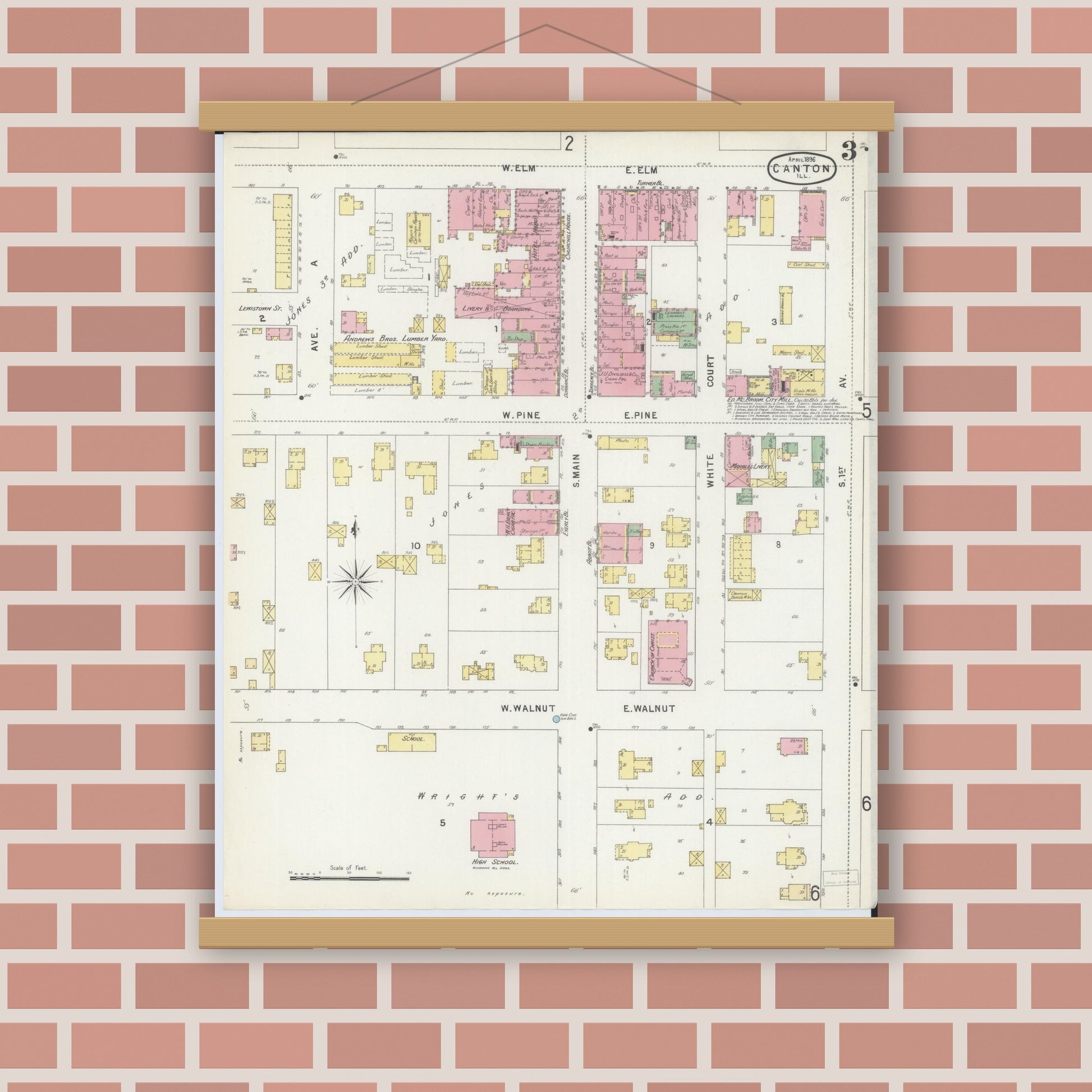 Old map wall art mockup — magnetic wood frame on brick wall — Sanborn Fire Insurance Map from Canton, Fulton County, Illinois (1896), Sheet #0003