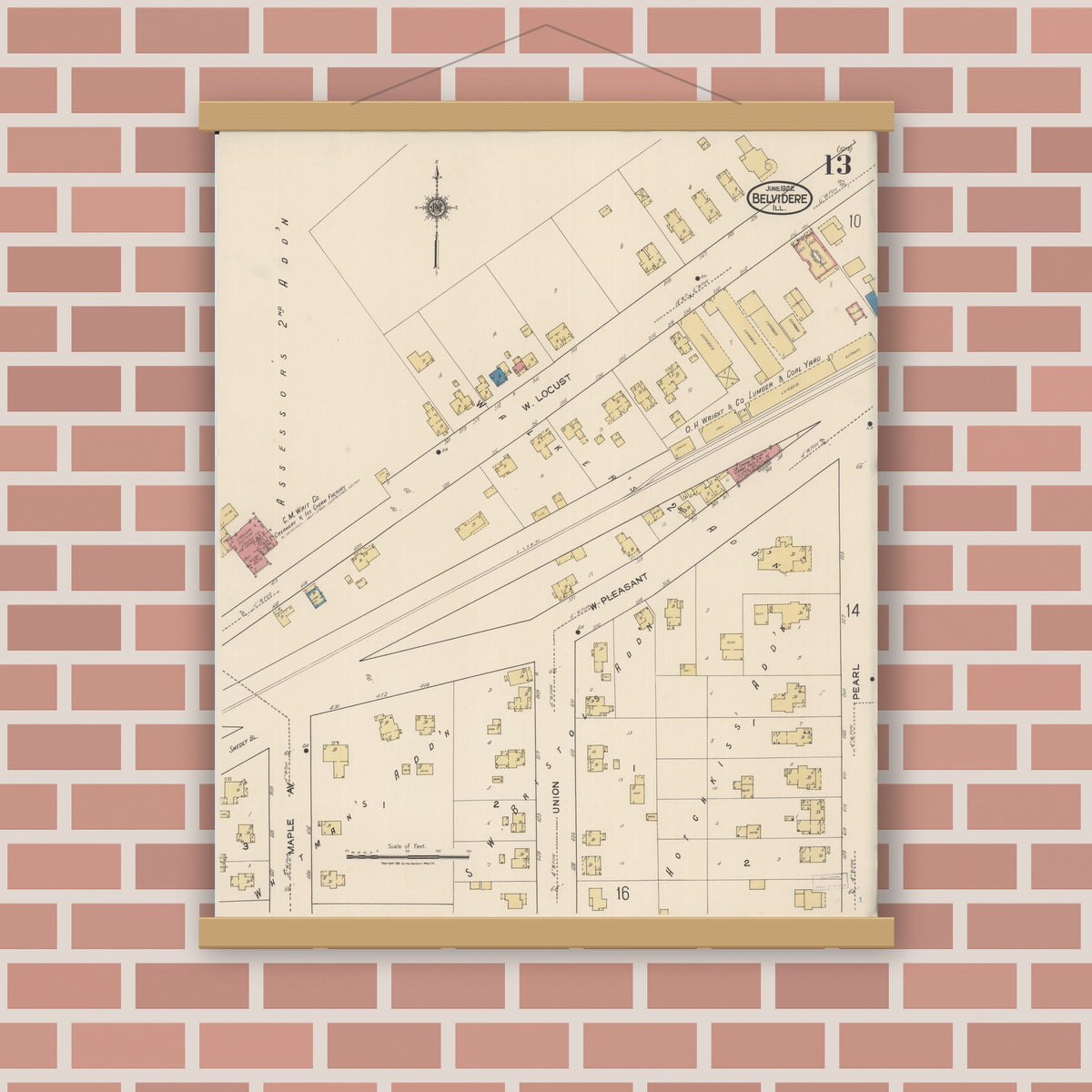 Old map wall art mockup — magnetic wood frame on brick wall — Sanborn Fire Insurance Map from Belvidere, Boone County, Illinois (1922), Sheet #0013