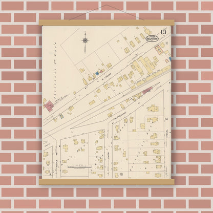Old map wall art mockup — magnetic wood frame on brick wall — Sanborn Fire Insurance Map from Belvidere, Boone County, Illinois (1922), Sheet #0013