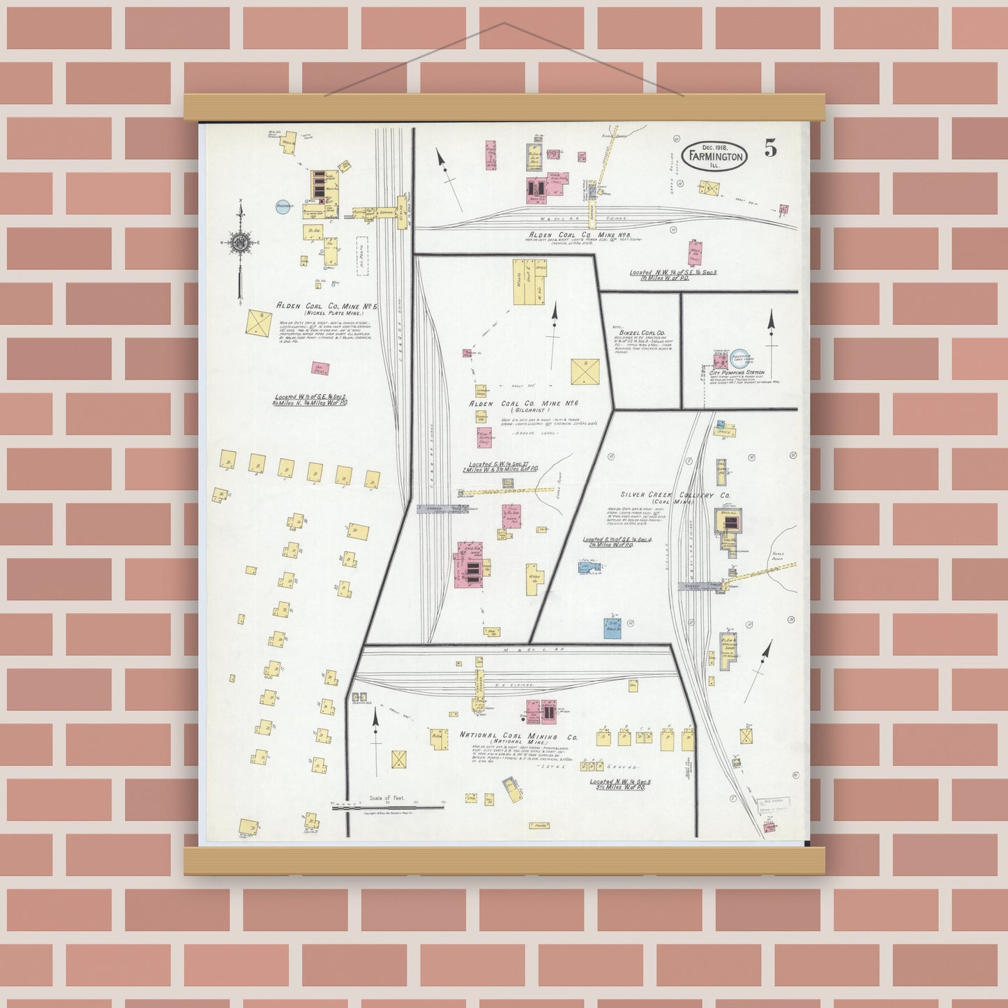 Old map wall art mockup — magnetic wood frame on brick wall — Sanborn Fire Insurance Map from Farmington, Fulton County, Illinois (1918), Sheet #0005