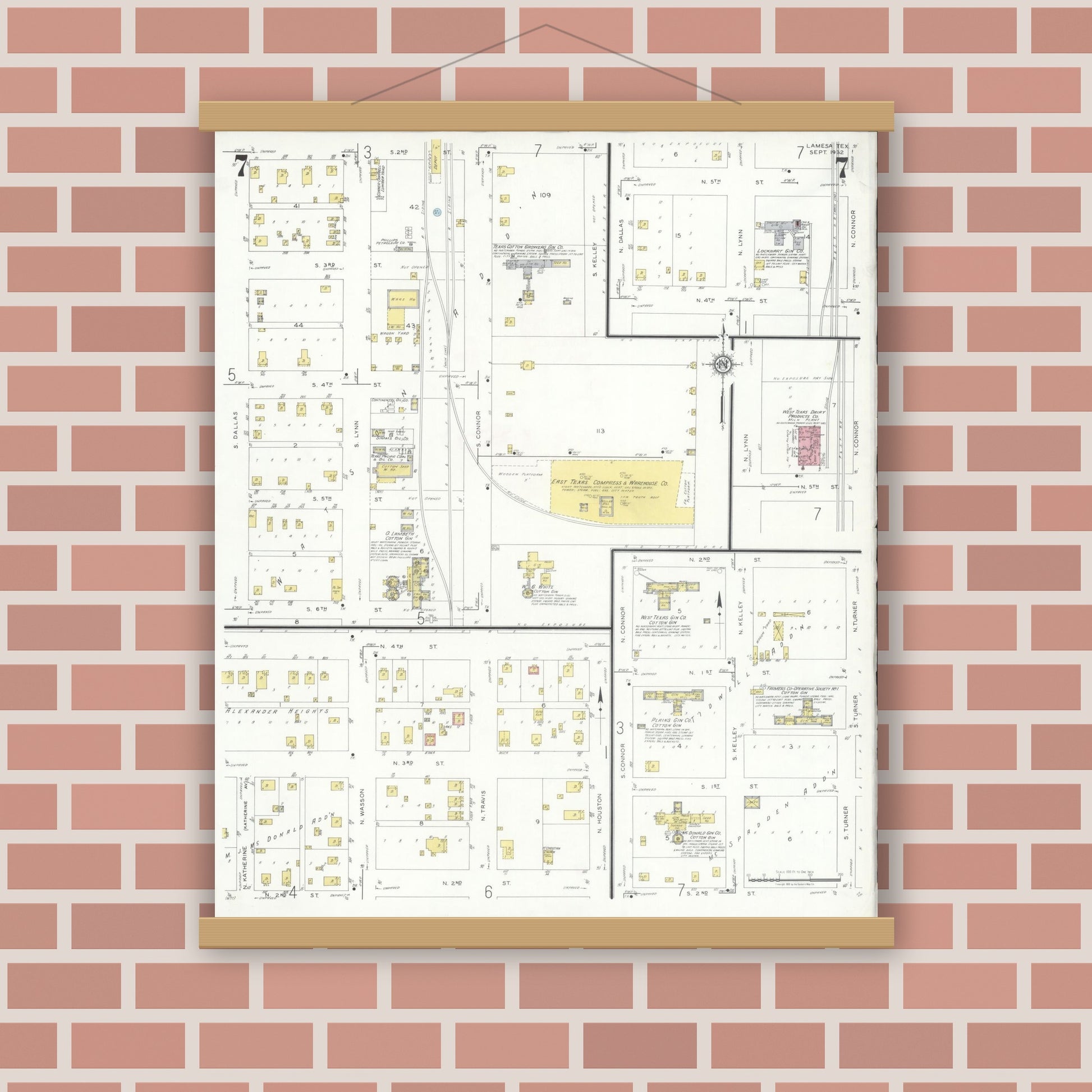 Old map wall art mockup — magnetic wood frame on brick wall — Sanborn Fire Insurance Map from Lamesa, Dawson County, Texas (1932), Sheet #0007