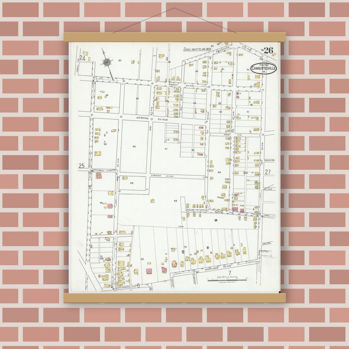 Old map wall art mockup — magnetic wood frame on brick wall — Sanborn Fire Insurance Map from Charlottesville, Independent Cities, Virginia (1920), Sheet #0026