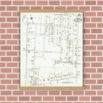 Old map wall art mockup — magnetic wood frame on brick wall — Sanborn Fire Insurance Map from Charlottesville, Independent Cities, Virginia (1920), Sheet #0026