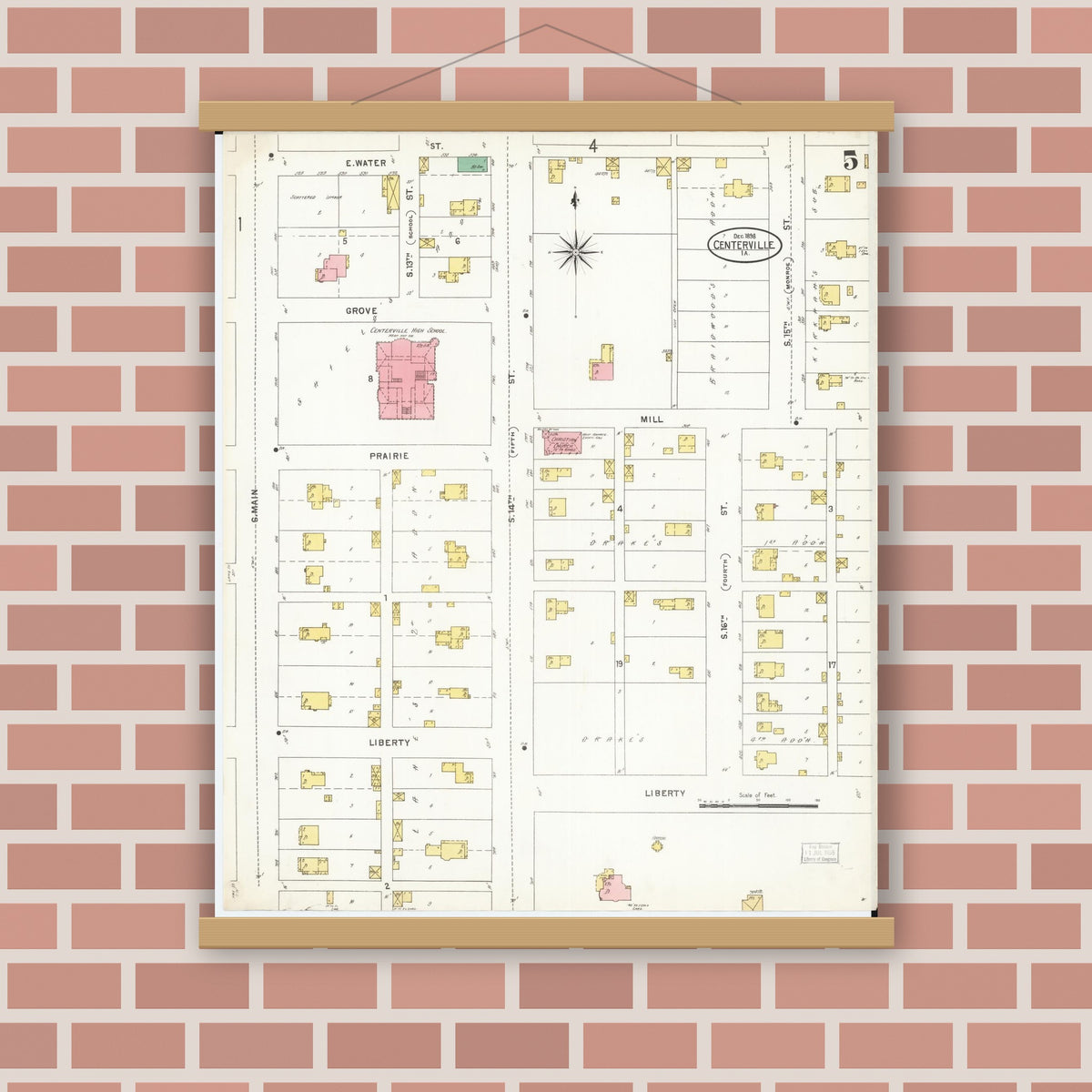 Old map wall art mockup — magnetic wood frame on brick wall — Sanborn Fire Insurance Map from Centerville, Appanoose County, Iowa (1898), Sheet #0005