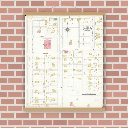 Old map wall art mockup — magnetic wood frame on brick wall — Sanborn Fire Insurance Map from Centerville, Appanoose County, Iowa (1898), Sheet #0005