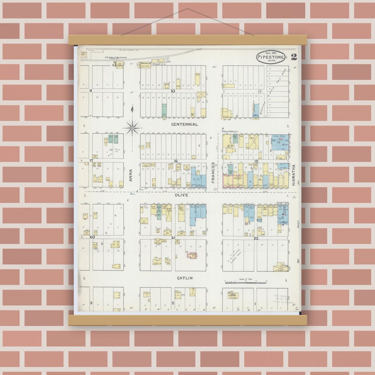 Old map wall art mockup — magnetic wood frame on brick wall — Sanborn Fire Insurance Map from Pipestone, Pipestone County, Minnesota (1892), Sheet #0002