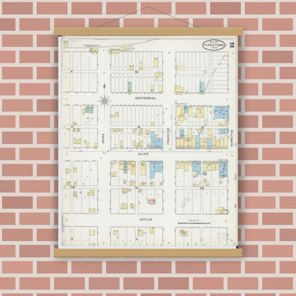 Old map wall art mockup — magnetic wood frame on brick wall — Sanborn Fire Insurance Map from Pipestone, Pipestone County, Minnesota (1892), Sheet #0002