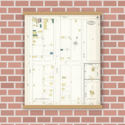 Old map wall art mockup — magnetic wood frame on brick wall — Sanborn Fire Insurance Map from Azusa, Los Angeles County, California (1899), Sheet #0004