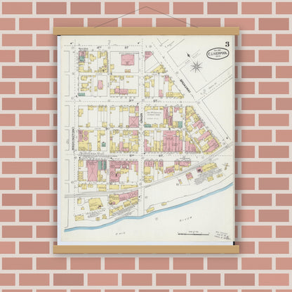 Old map wall art mockup — magnetic wood frame on brick wall — Sanborn Fire Insurance Map from East Liverpool, Columbiana County, Ohio (1892), Sheet #0003