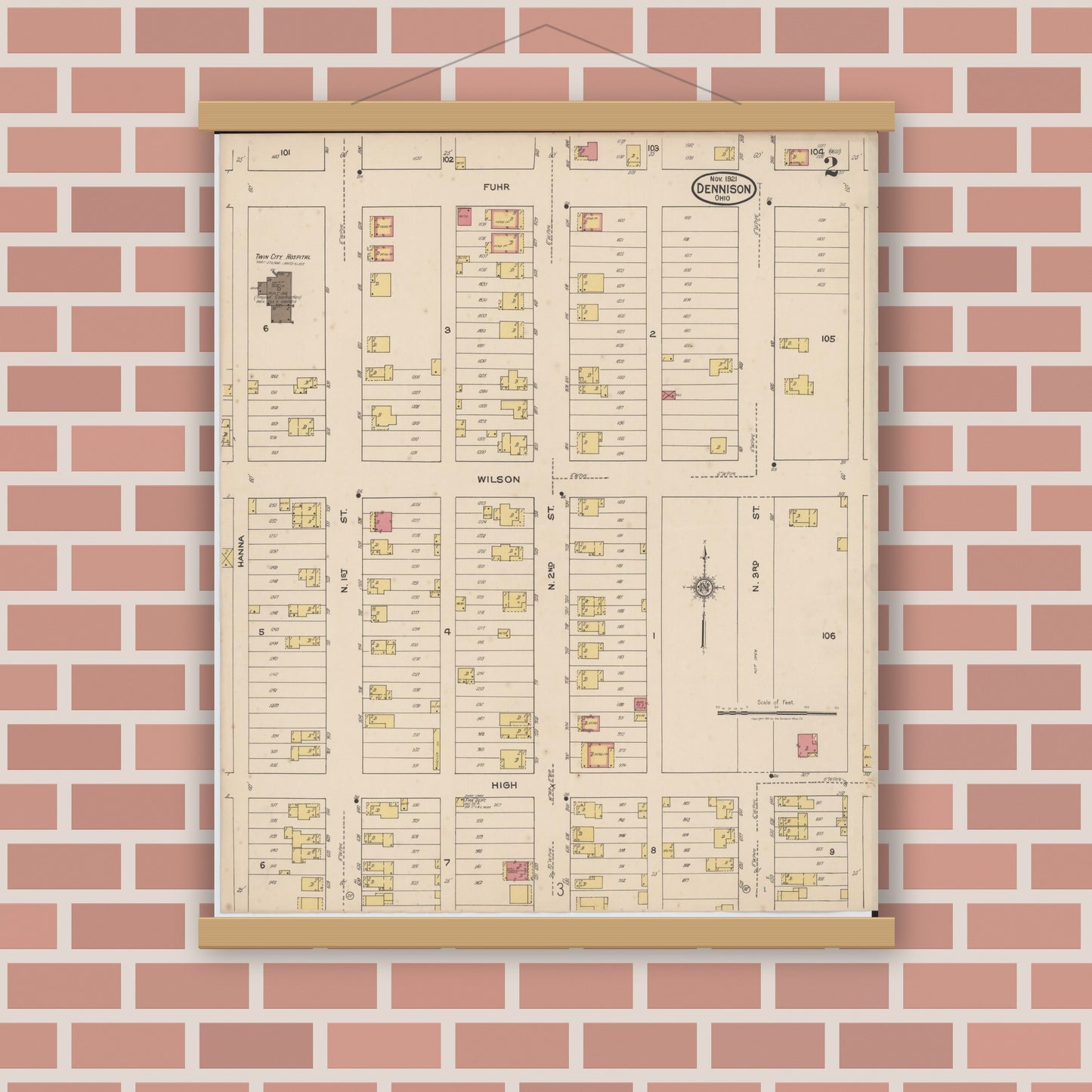 Old map wall art mockup — magnetic wood frame on brick wall — Sanborn Fire Insurance Map from Dennison, Tuscarawas County, Ohio (1921), Sheet #0002