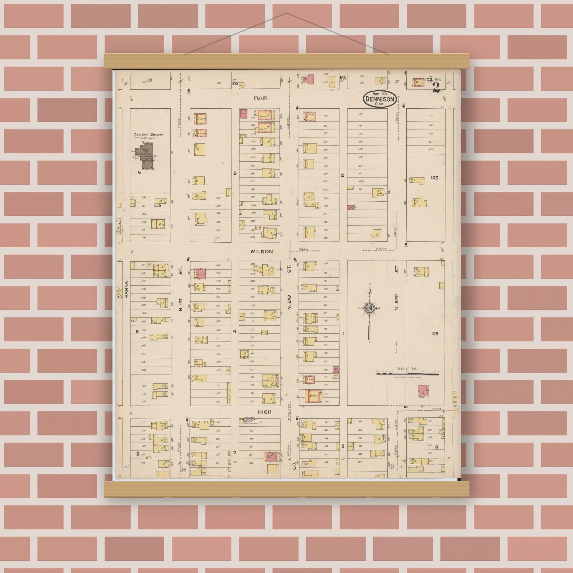 Old map wall art mockup — magnetic wood frame on brick wall — Sanborn Fire Insurance Map from Dennison, Tuscarawas County, Ohio (1921), Sheet #0002