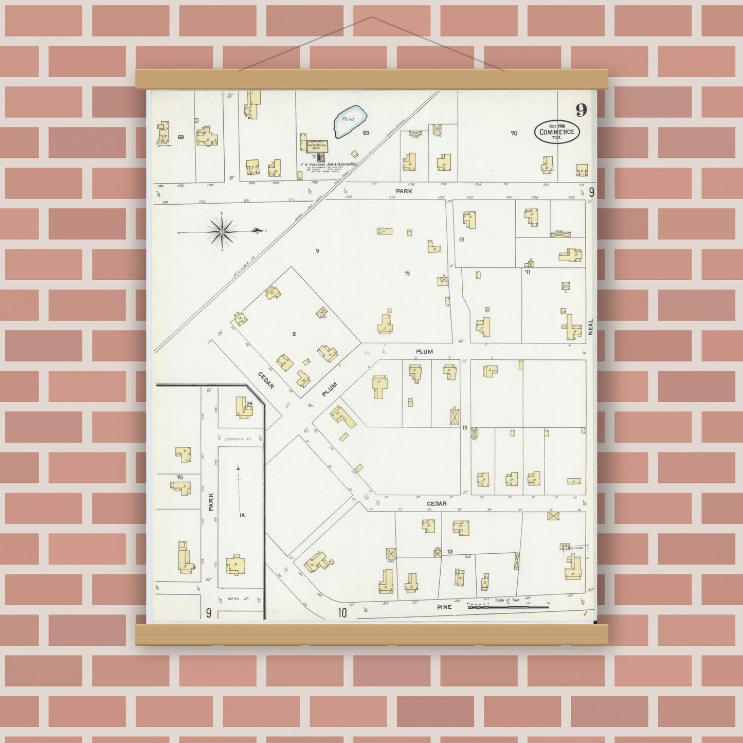 Old map wall art mockup — magnetic wood frame on brick wall — Sanborn Fire Insurance Map from Commerce, Hunt County, Texas (1906), Sheet #0009