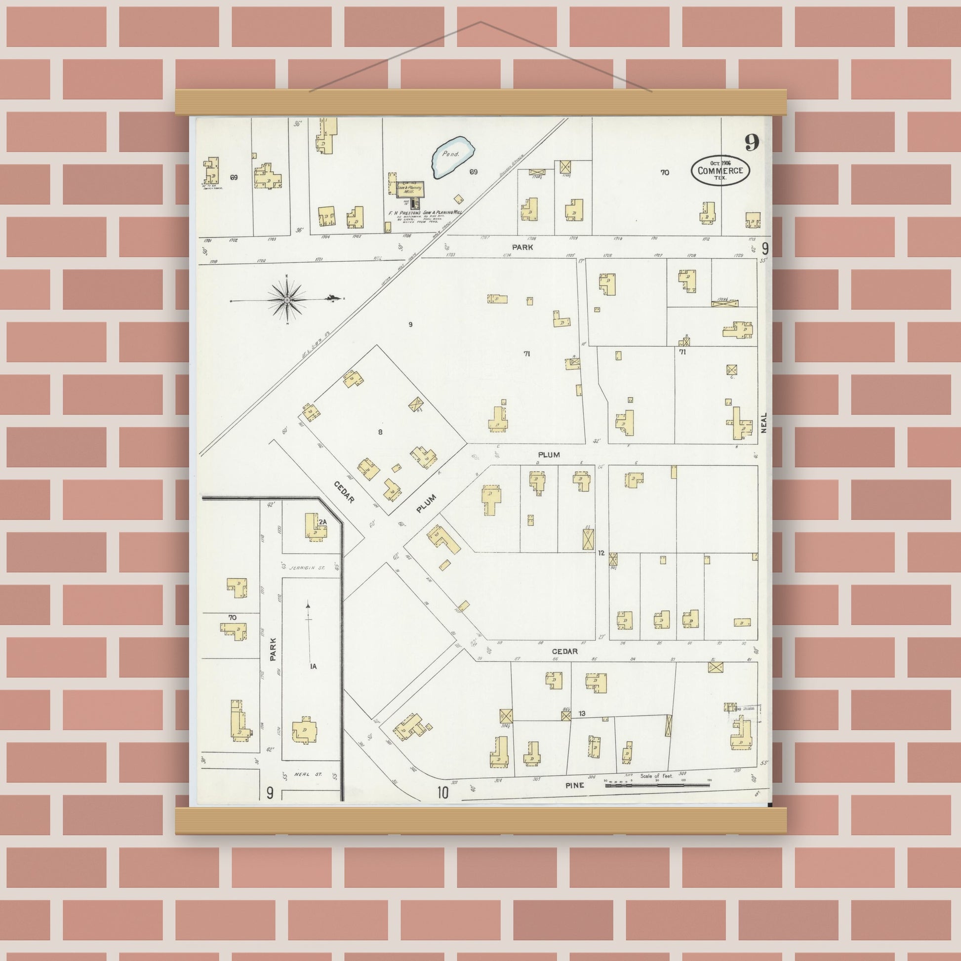 Old map wall art mockup — magnetic wood frame on brick wall — Sanborn Fire Insurance Map from Commerce, Hunt County, Texas (1906), Sheet #0009