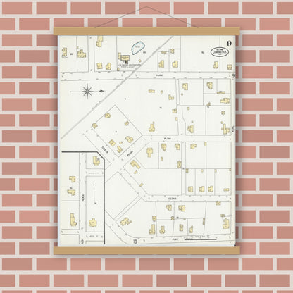 Old map wall art mockup — magnetic wood frame on brick wall — Sanborn Fire Insurance Map from Commerce, Hunt County, Texas (1906), Sheet #0009