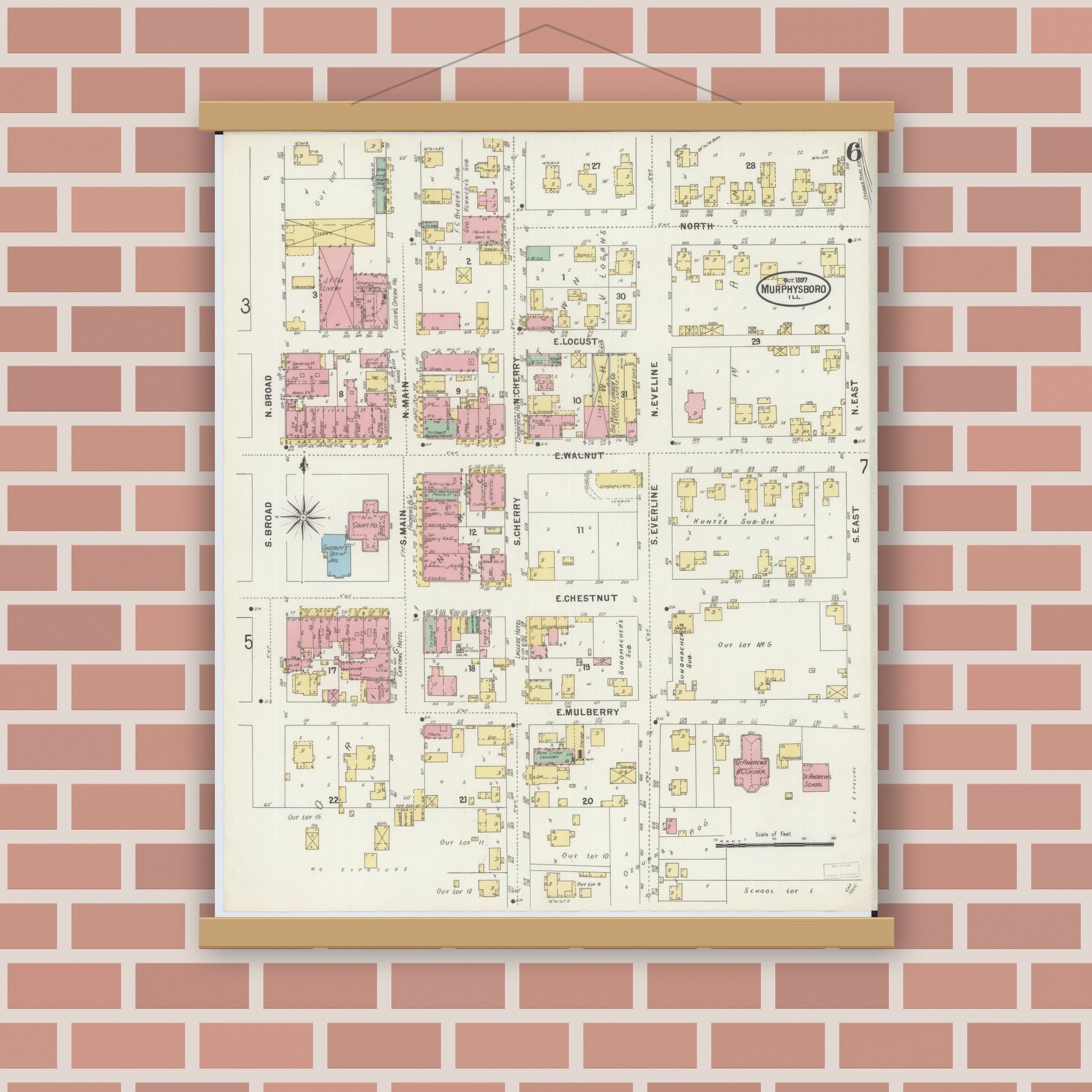 Old map wall art mockup — magnetic wood frame on brick wall — Sanborn Fire Insurance Map from Murphysboro, Jackson County, Illinois (1897), Sheet #0006