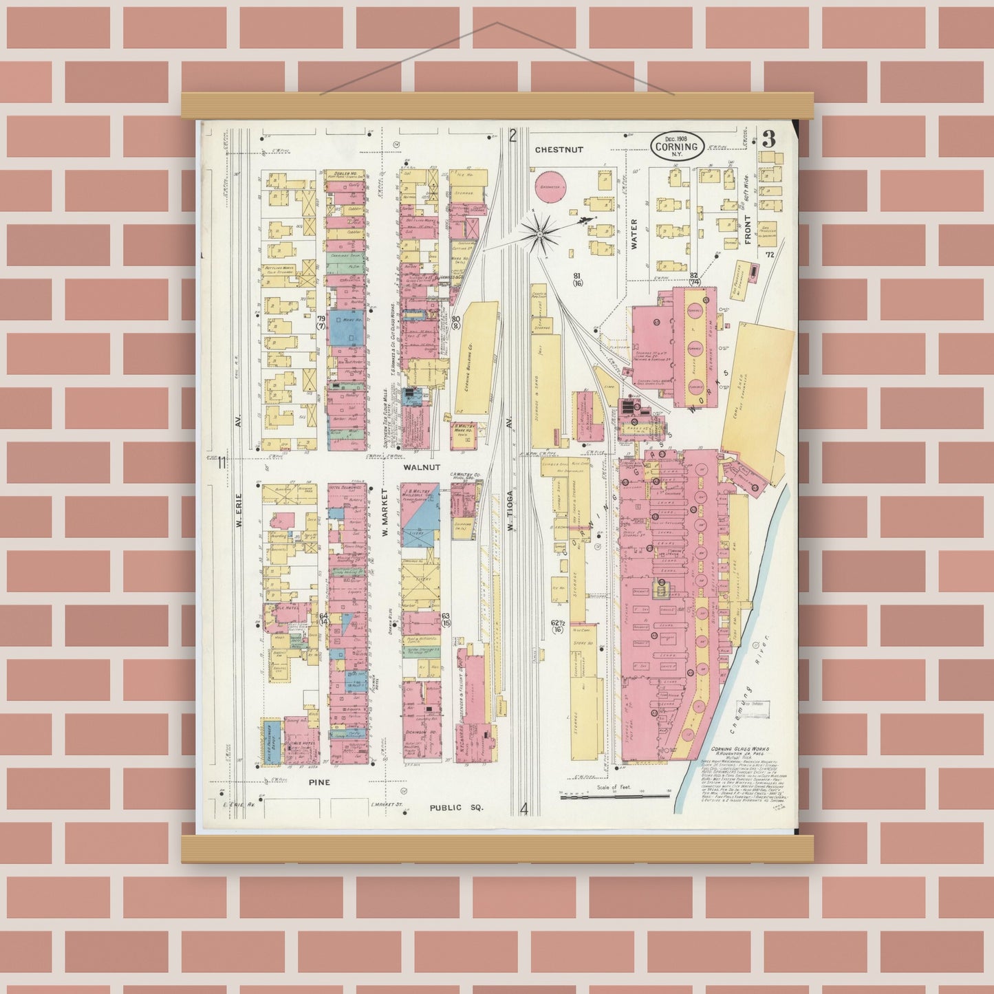 Old map wall art mockup — magnetic wood frame on brick wall — Sanborn Fire Insurance Map from Corning, Steuben County, New York (1908), Sheet #0003