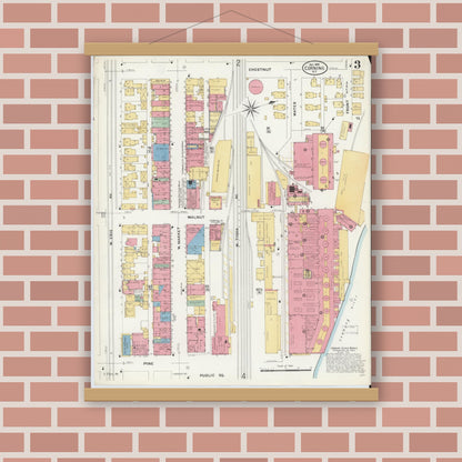 Old map wall art mockup — magnetic wood frame on brick wall — Sanborn Fire Insurance Map from Corning, Steuben County, New York (1908), Sheet #0003
