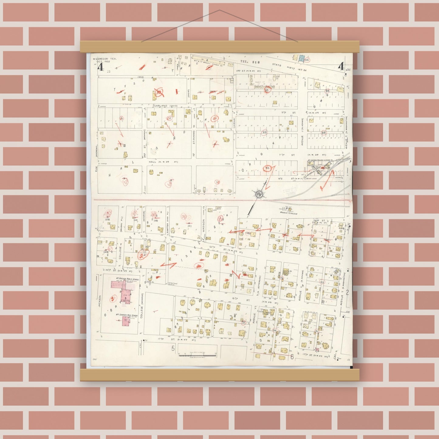 Old map wall art mockup — magnetic wood frame on brick wall — Sanborn Fire Insurance Map from McGregor, McLennan County, Texas (1942), Sheet #0004