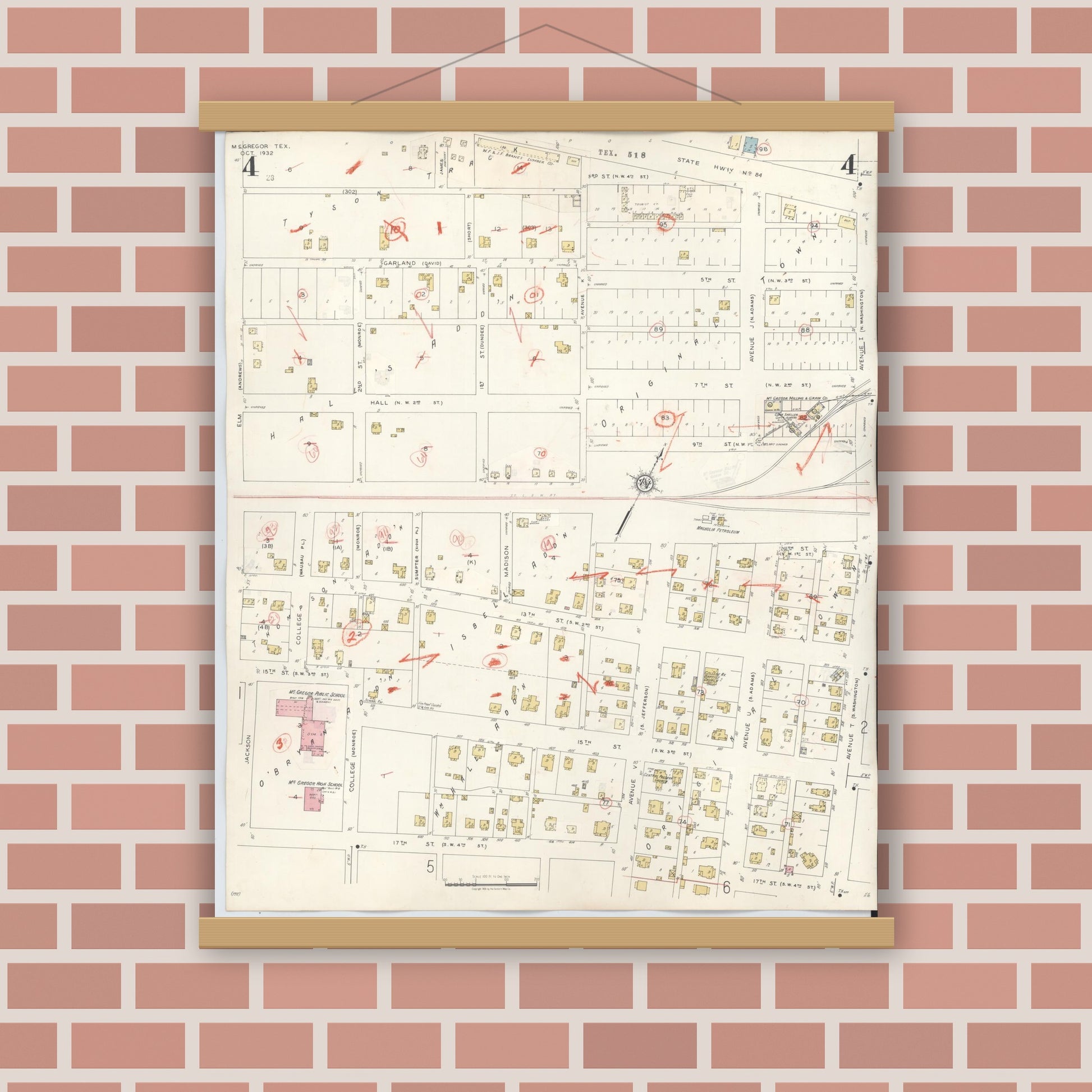 Old map wall art mockup — magnetic wood frame on brick wall — Sanborn Fire Insurance Map from McGregor, McLennan County, Texas (1942), Sheet #0004