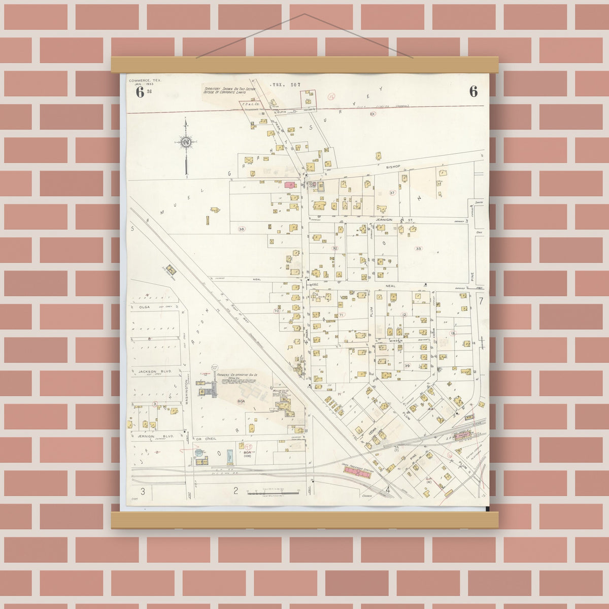 Old map wall art mockup — magnetic wood frame on brick wall — Sanborn Fire Insurance Map from Commerce, Hunt County, Texas (1940), Sheet #0006