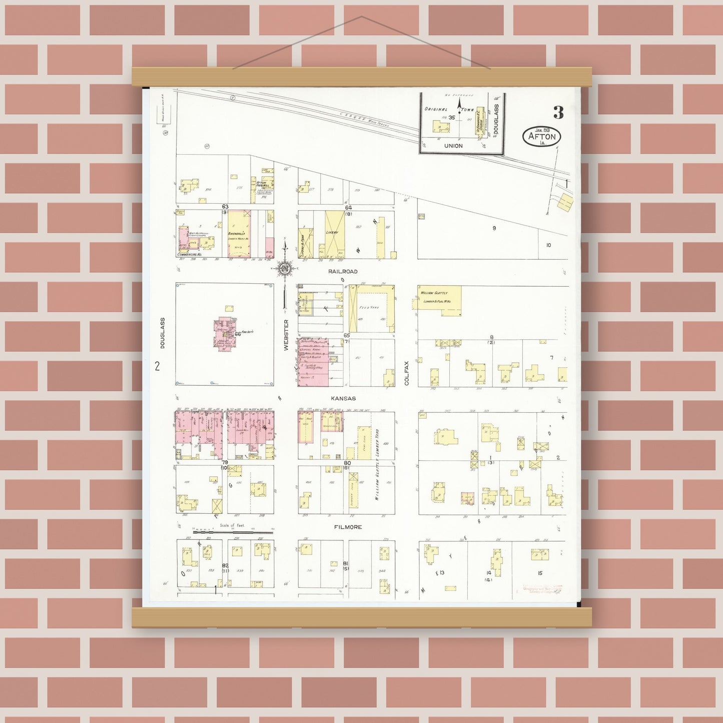 Old map wall art mockup — magnetic wood frame on brick wall — Sanborn Fire Insurance Map from Afton, Union County, Iowa (1913), Sheet #0003