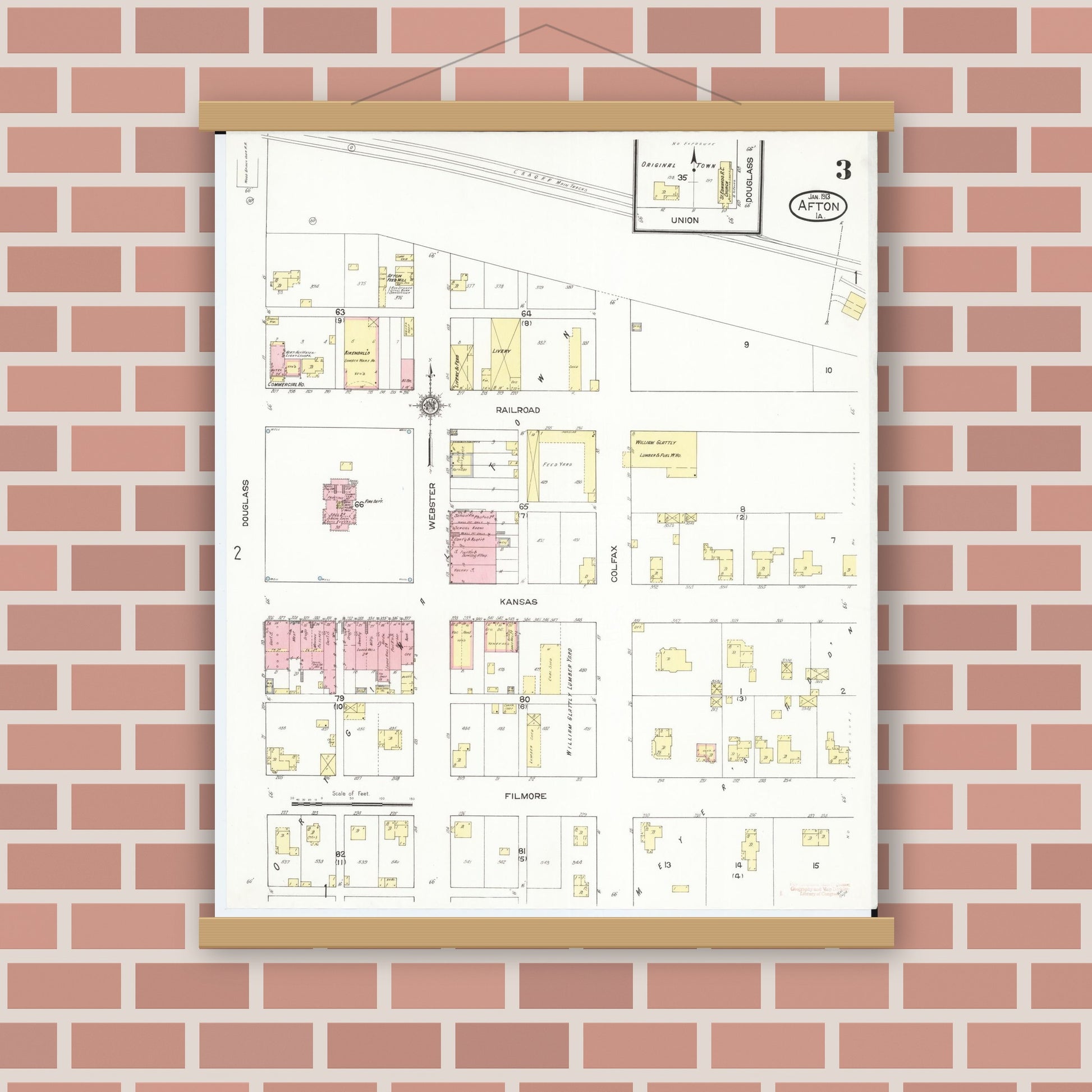 Old map wall art mockup — magnetic wood frame on brick wall — Sanborn Fire Insurance Map from Afton, Union County, Iowa (1913), Sheet #0003