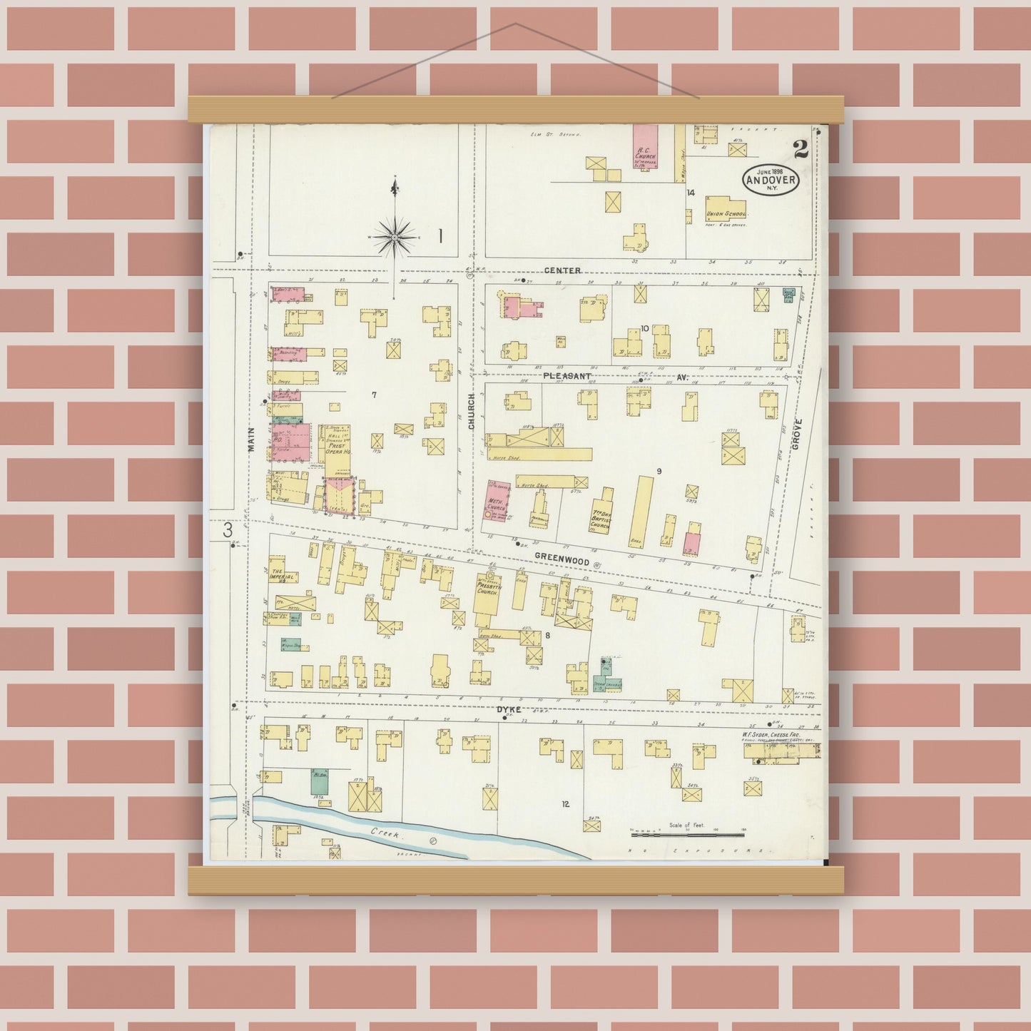 Old map wall art mockup — magnetic wood frame on brick wall — Sanborn Fire Insurance Map from Andover, Allegany County, New York (1898), Sheet #0002