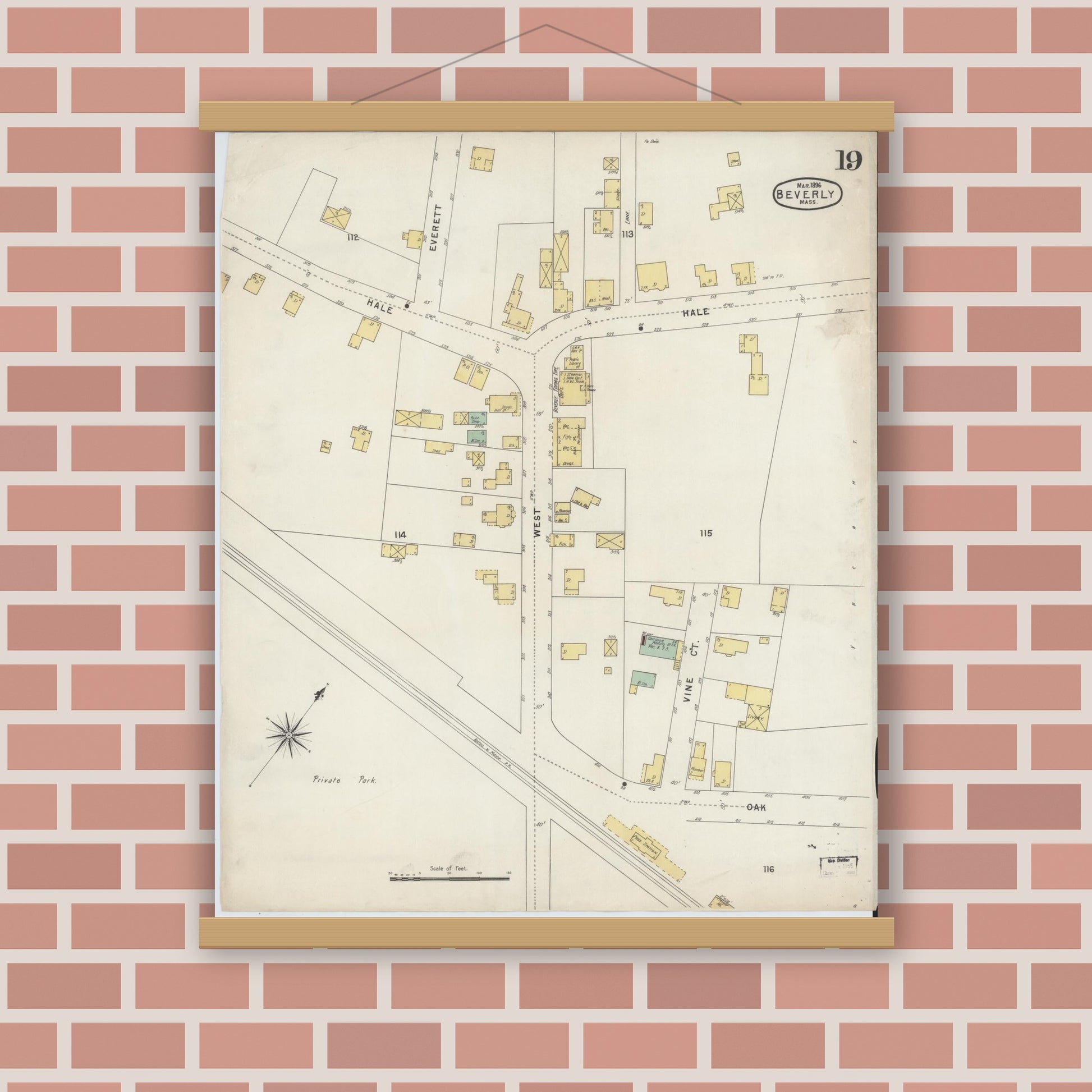 Old map wall art mockup — magnetic wood frame on brick wall — Sanborn Fire Insurance Map from Beverly, Essex County, Massachusetts (1896), Sheet #0019
