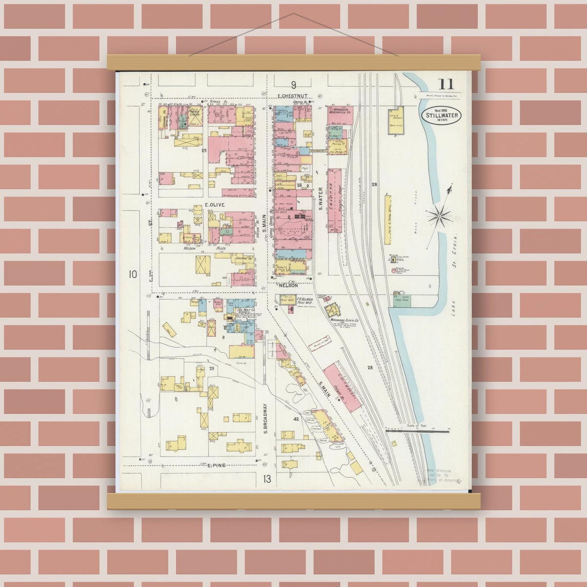 Old map wall art mockup — magnetic wood frame on brick wall — Sanborn Fire Insurance Map from Stillwater, Washington County, Minnesota (1898), Sheet #0011