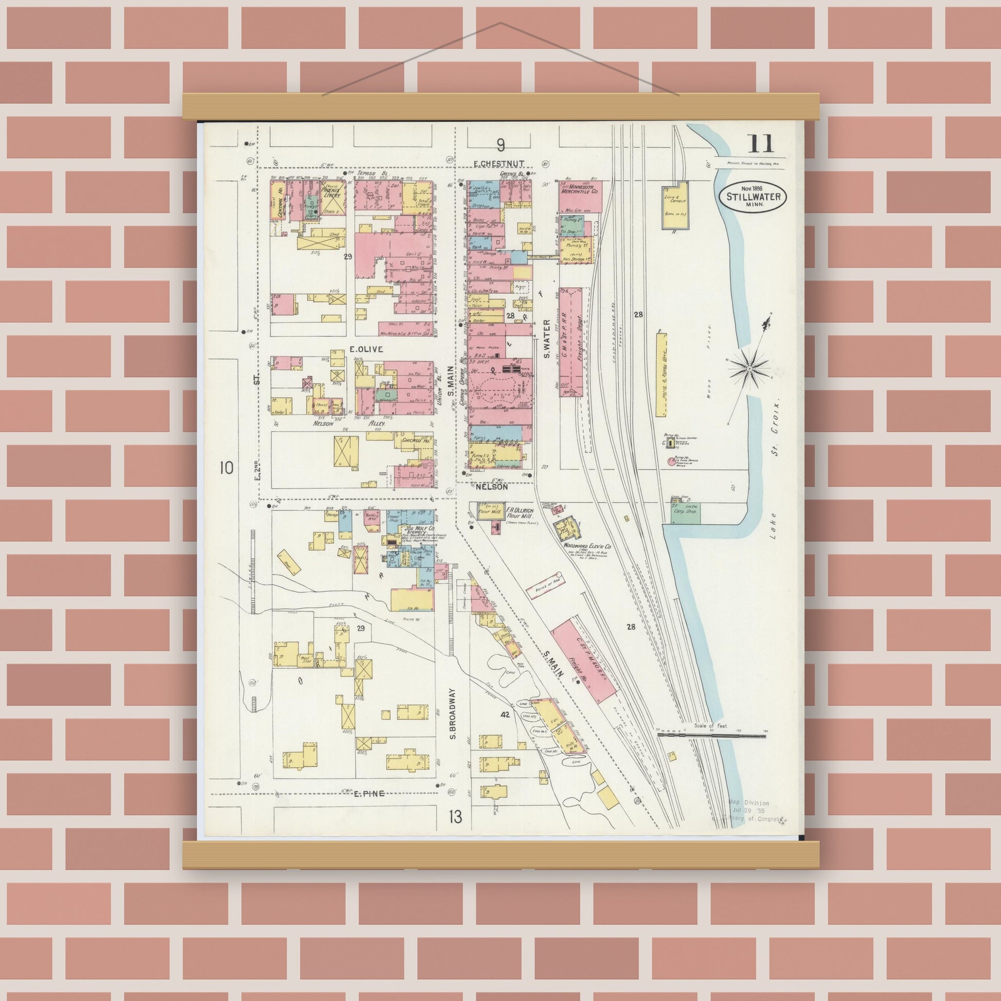 Old map wall art mockup — magnetic wood frame on brick wall — Sanborn Fire Insurance Map from Stillwater, Washington County, Minnesota (1898), Sheet #0011