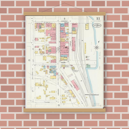 Old map wall art mockup — magnetic wood frame on brick wall — Sanborn Fire Insurance Map from Stillwater, Washington County, Minnesota (1898), Sheet #0011