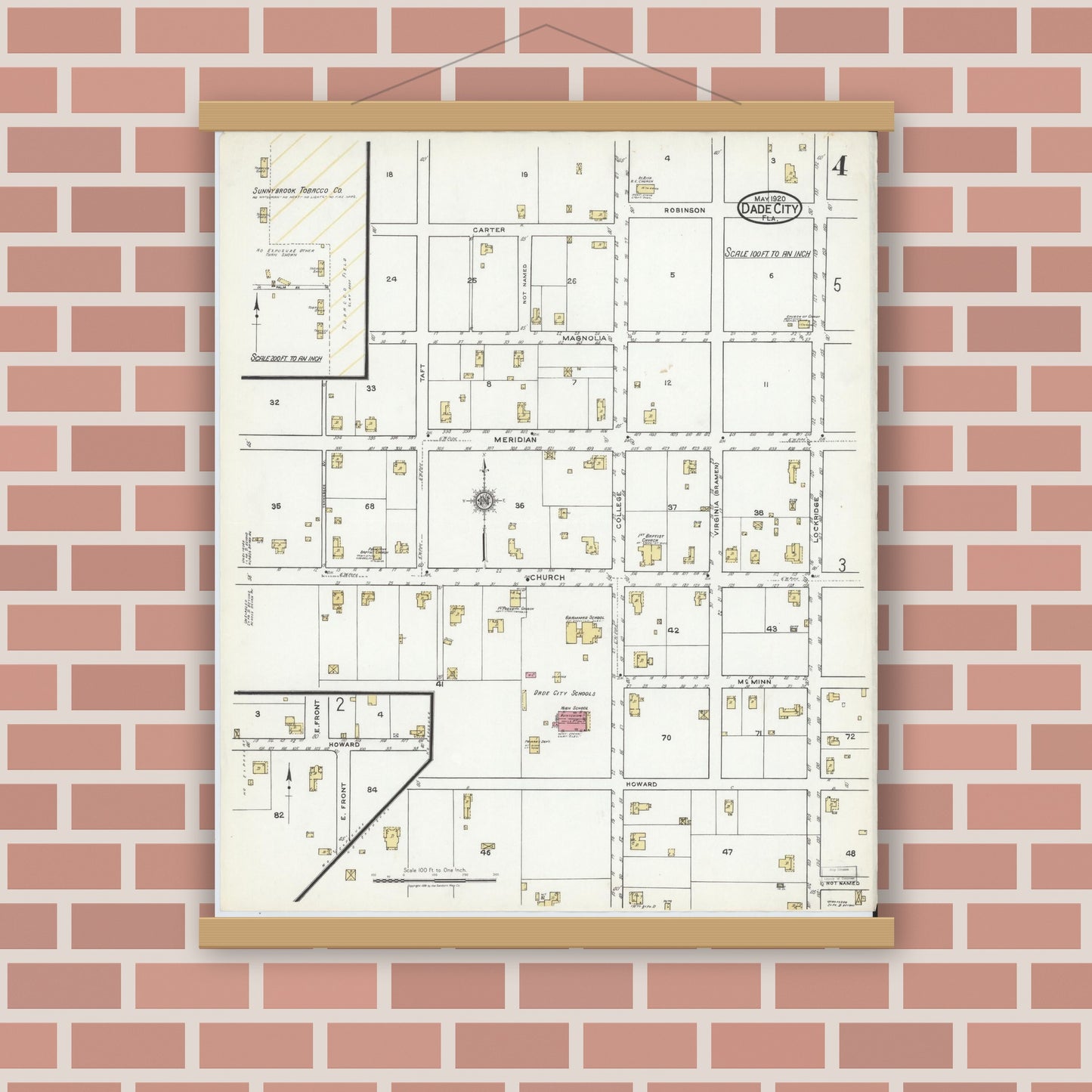 Old map wall art mockup — magnetic wood frame on brick wall — Sanborn Fire Insurance Map from Dade City, Pasco County, Florida (1920), Sheet #0004