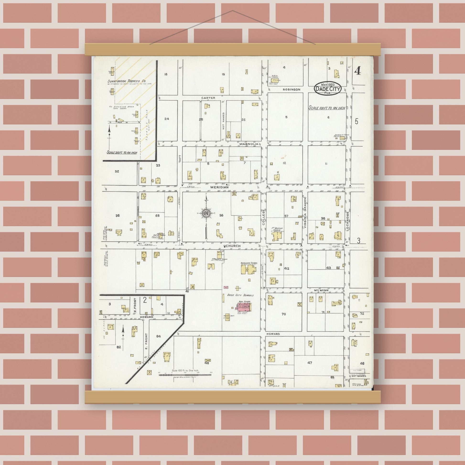 Old map wall art mockup — magnetic wood frame on brick wall — Sanborn Fire Insurance Map from Dade City, Pasco County, Florida (1920), Sheet #0004