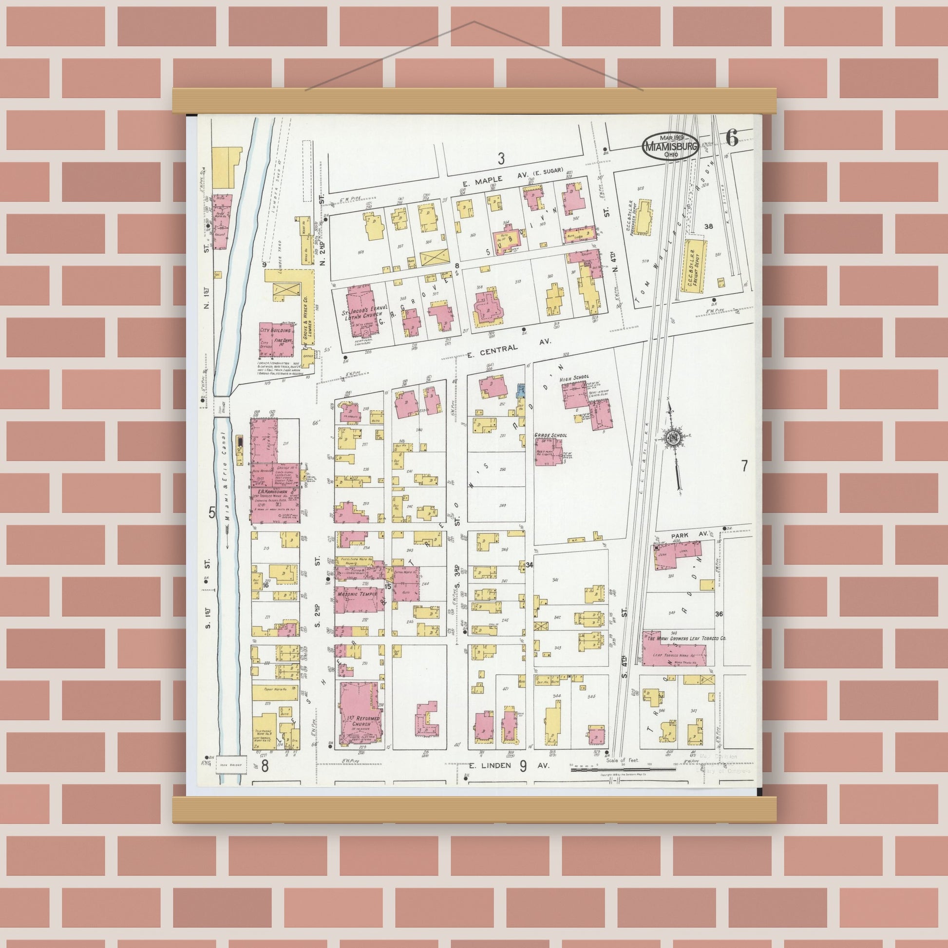Old map wall art mockup — magnetic wood frame on brick wall — Sanborn Fire Insurance Map from Miamisburg, Montgomery County, Ohio (1919), Sheet #0006